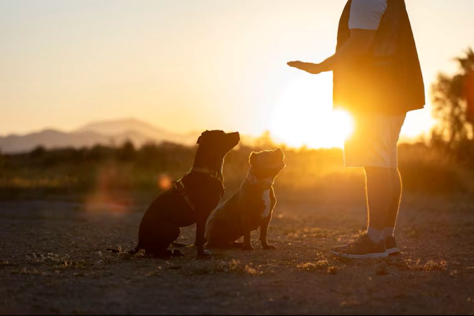 Person training two dogs at sunset with treats during outdoor obedience session.