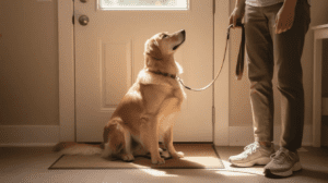 Owner trains dog jumping on people at the front door 