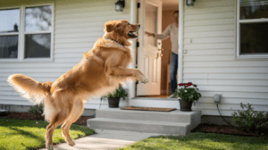 Dog jumping on people at a home entrance 