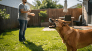 Trainer helping stop dog barking in a backyard

