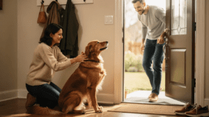 E-collar training for beginners with dog greeting at door