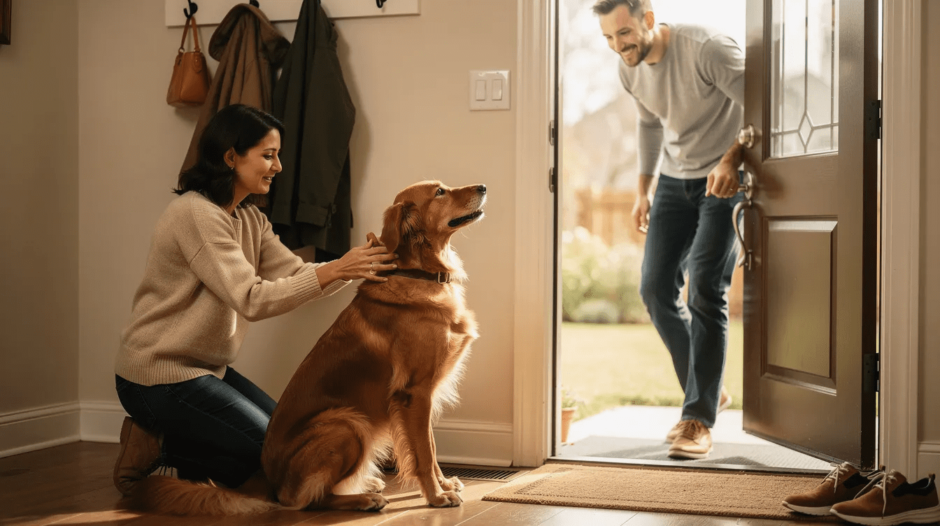 E-collar training for beginners with dog greeting at door