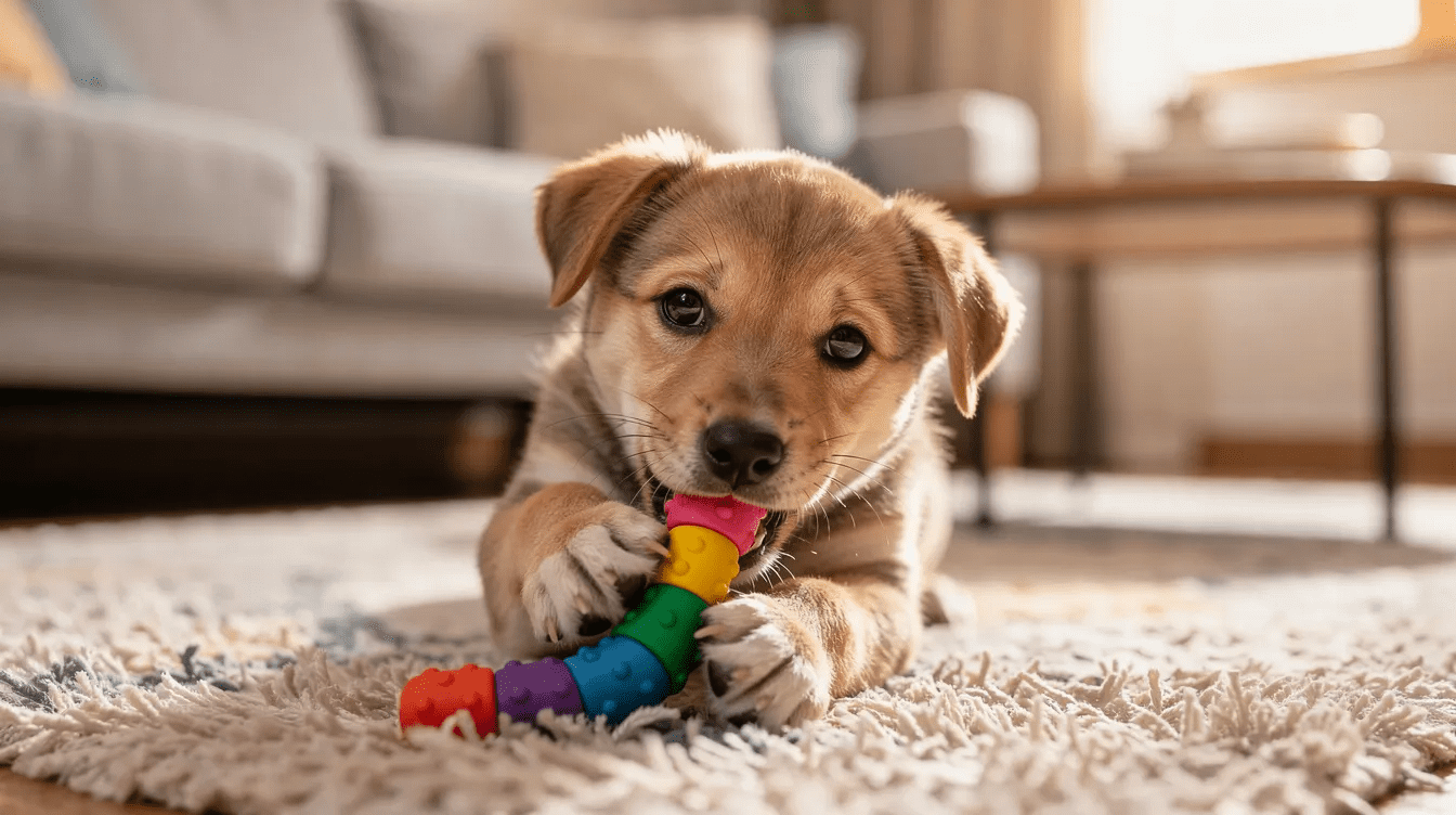 Puppy socialization checklist with chew toy play