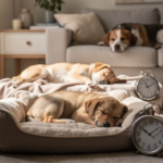 A cozy puppy is peacefully sleeping on a soft dog bed, surrounded by a quiet and comfortable environment, illustrating the importance of adequate puppy sleep for healthy growth and development. The scene captures the essence of a puppy nap, emphasizing the need for rest in their daily routine.