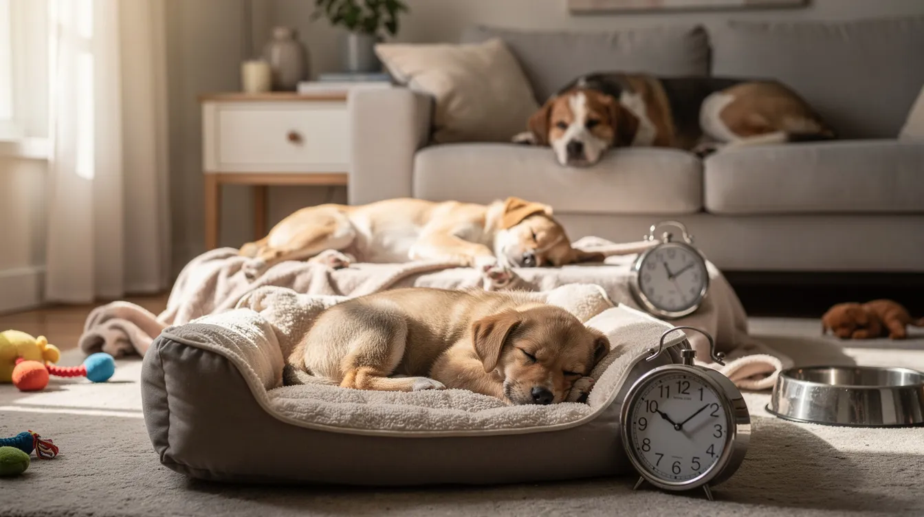 A cozy puppy is peacefully sleeping on a soft dog bed, surrounded by a quiet and comfortable environment, illustrating the importance of adequate puppy sleep for healthy growth and development. The scene captures the essence of a puppy nap, emphasizing the need for rest in their daily routine.