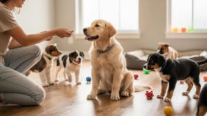 Puppy socialization checklist with trainer and young dogs