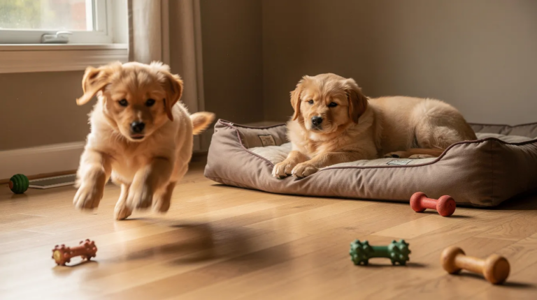 When do puppies calm down during active indoor play